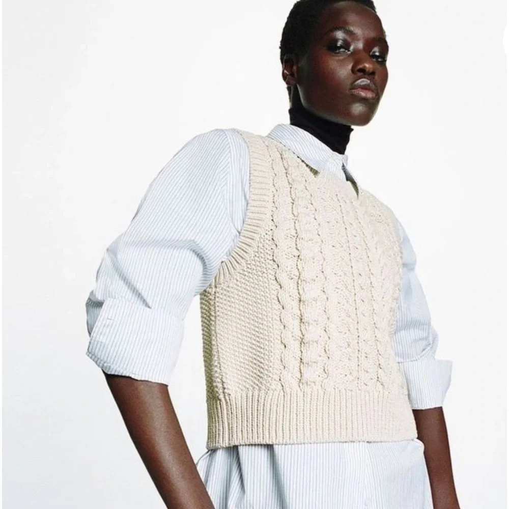 COS Cream Cable Knit Sleeveless Sweater Vest